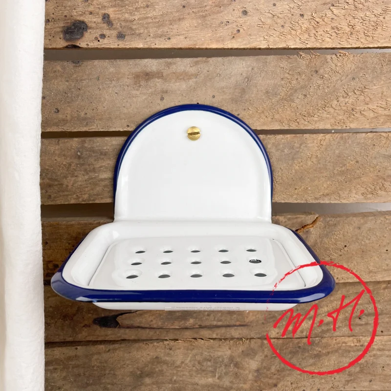 Porte-savon en email blanc avec liseré bleu