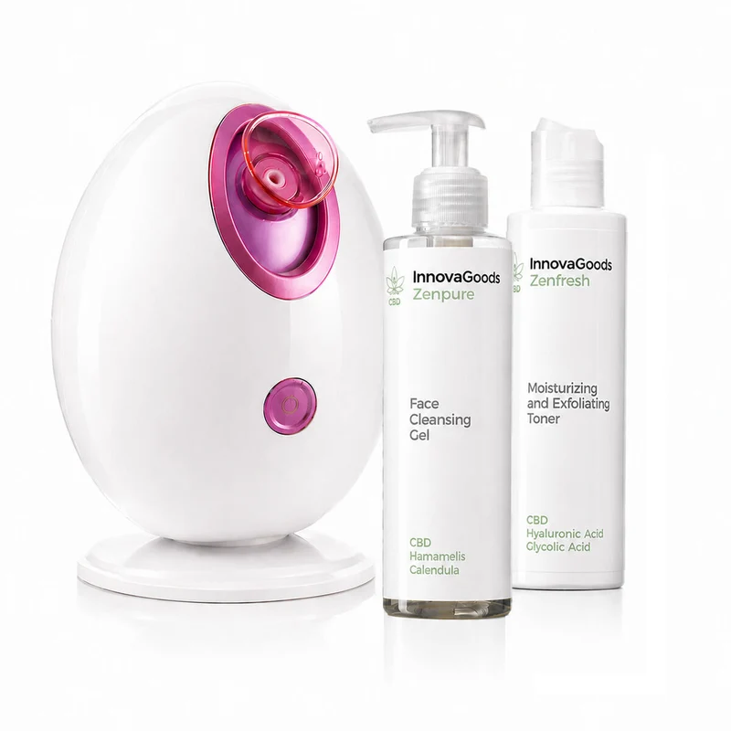 Pack Sauna Facial Eléctrica, Gel Limpiador Facial CBD Zenpure 200 ml y Tónico Facial CBD Zenfresh 150 ml InnovaGoods