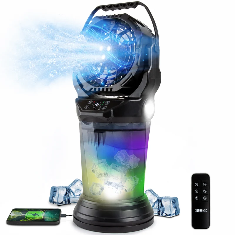 Duronic FM6 BK Ventilateur de brume rechargeable Réservoir d’eau 2 litres 4 vitesses Télécommande incluse Lumières LED Lampe torche d’urgence Ventilateur portable extérieur camping pique-nique