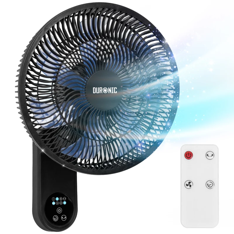 Duronic FN12 BK Ventilateur mural 50W Aérateur de 12 pouces 3 vitesses Minuterie Oscillation à 60° Télécommande incluse avec 5 mètres de portée Volume sonore 50,4 dB Montage facile