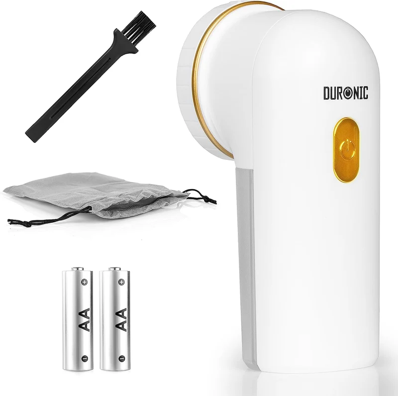 Duronic FS22 WE Rasoir Anti-Peluches Anti-bouloches électrique Filaire ou sur Batterie 2 hauteurs Pochette de Rangement Permet de Remettre à Neuf Vêtements Textiles Tissus Blanc