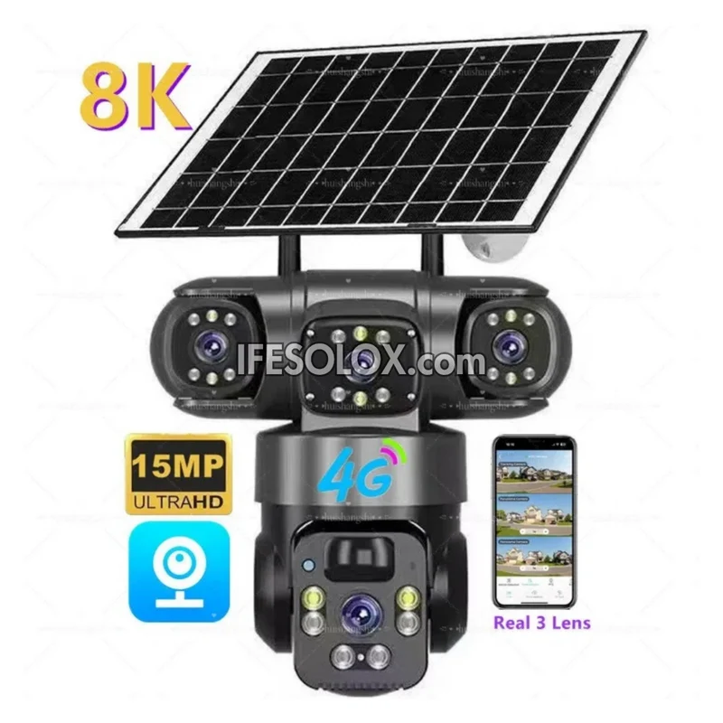 SLX 5MP Triple Lens Solar IP Camera (2 Bullet Camera and 1 PTZ Camera) with WiFi, 4G SIM, Night Vision, 2-way Audio and Motion Detection - Brand New