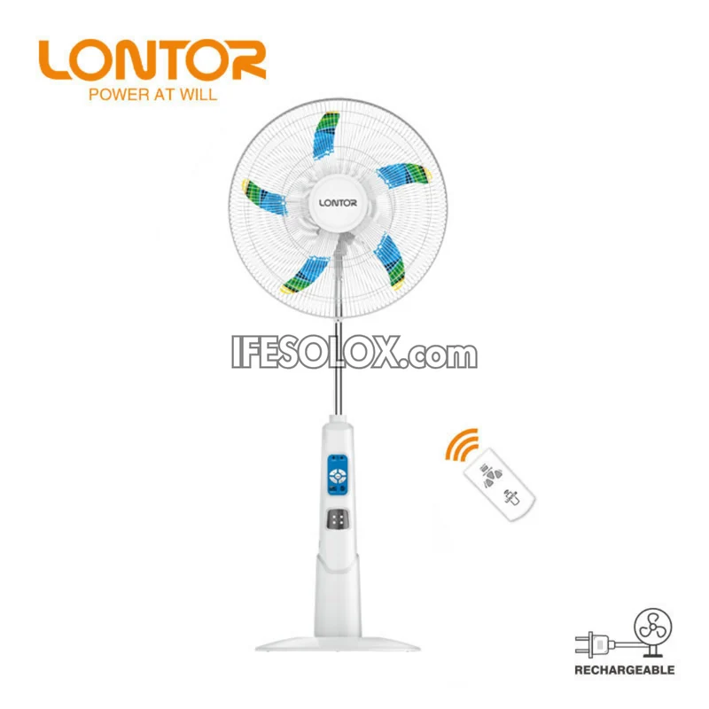 LONTOR 18" Rechargeable Standing Solar Fan with 5-Blades, Remote and Night Light (CTL-CF034R-18-C) - Brand New